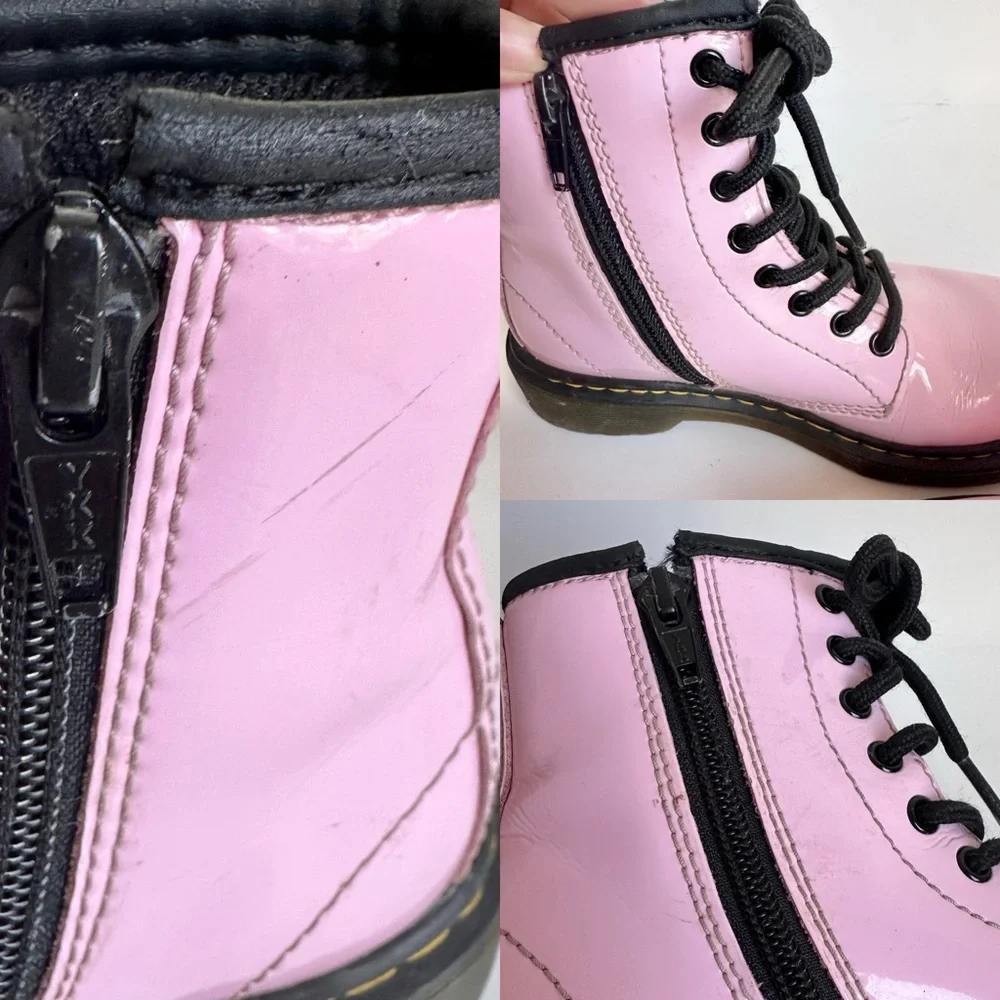 Dr. Martens Lamper 1460J Light Pink Patent Leather Lace Up- Side Zip Girl Boots